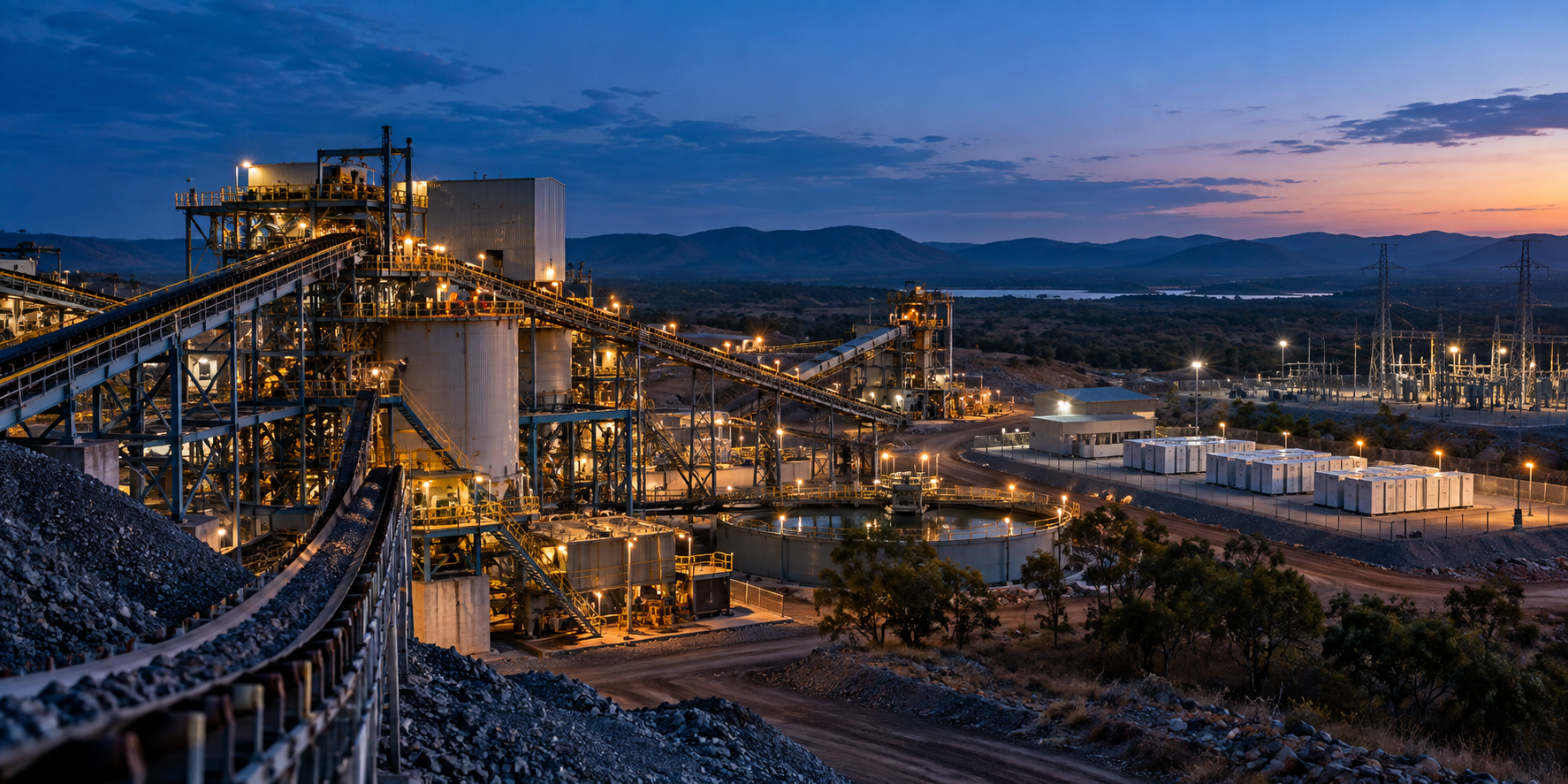 A mine processing plant operating at dusk beside battery storage and a substation